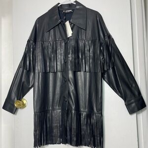 Nocturne Women’s Fringed Faux Leather Button-Front Jacket - Black NWT Size S